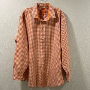 EGARA Men's Button Down Long Sleeve Shirt, Orange/White Check - 17.5/34-35